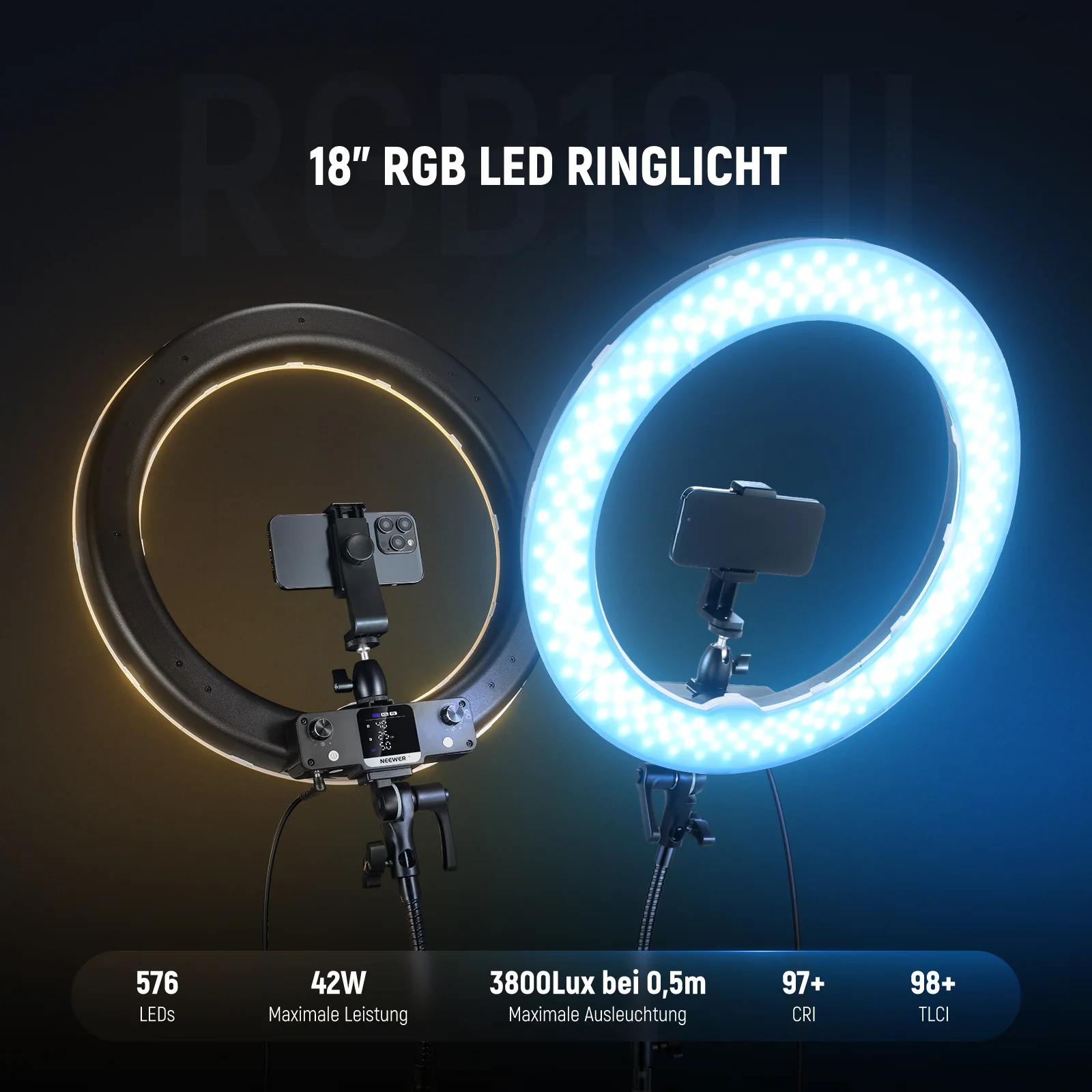 NEEWER RGB18 II 18" Tragbares RGB LED Ringlicht APP Steuerung – Bild 3