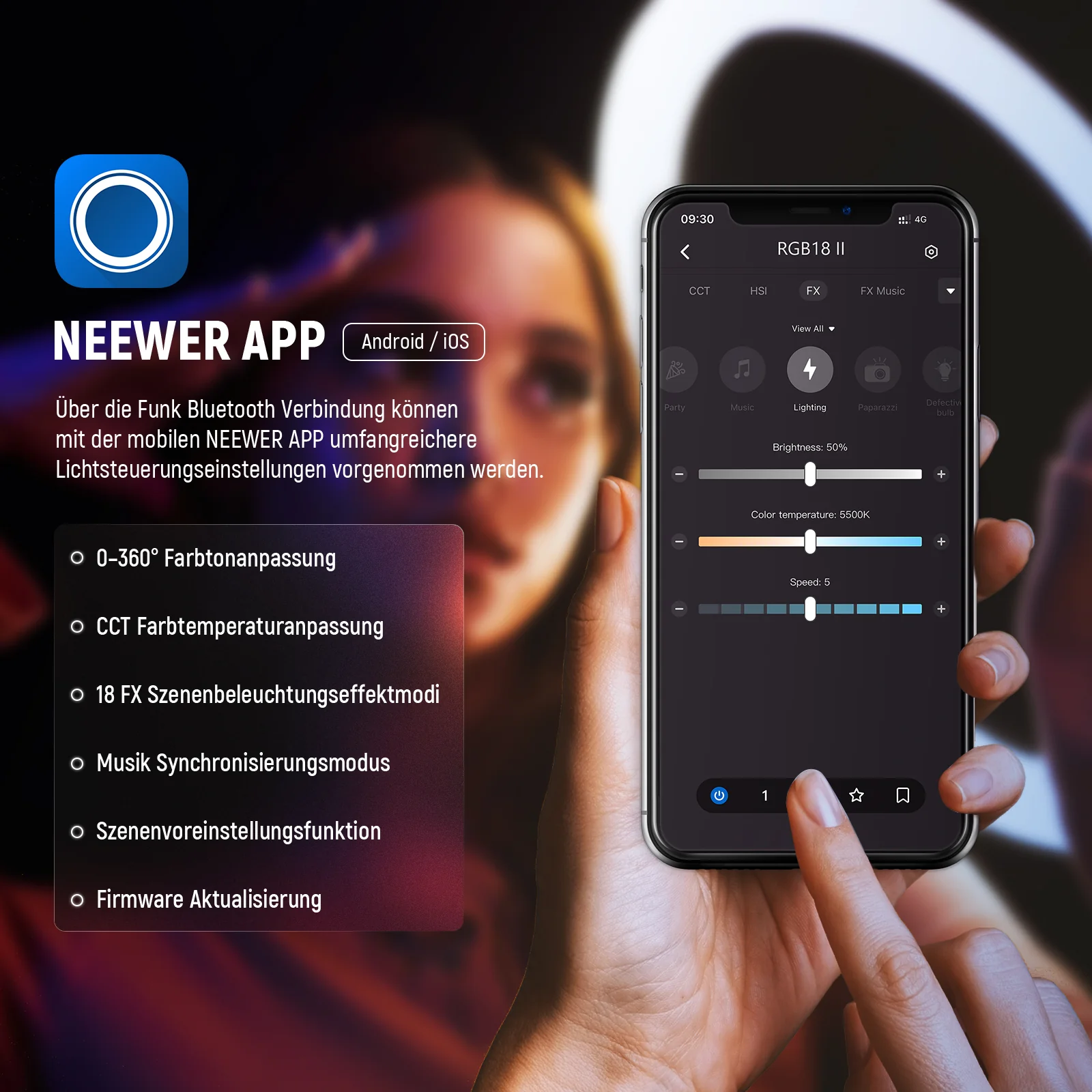 NEEWER RGB18 II 18" Tragbares RGB LED Ringlicht APP Steuerung – Bild 5