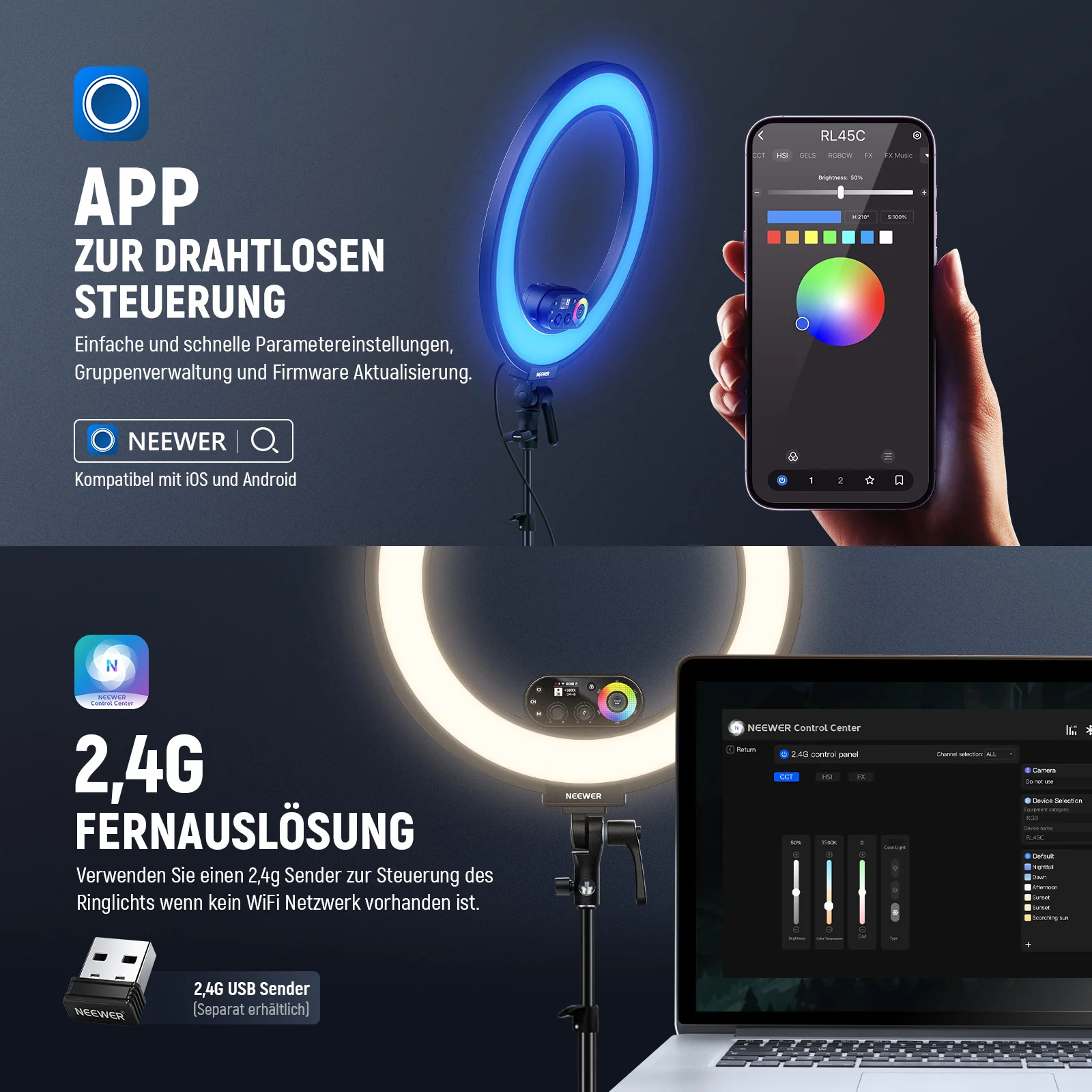 NEEWER RL45C 45W 18" Edge-Lit RGB LED Ringlicht – Bild 6