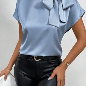 Kurzarmbluse Satin, Hochgeschlossen, Schleife, Eleganter Schnitt