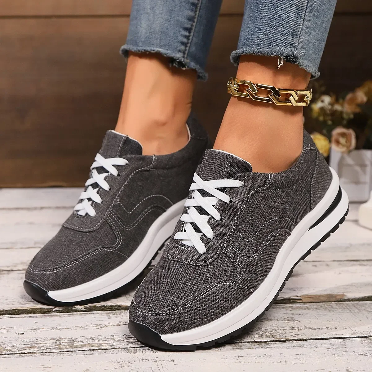 Blaue Damen Plateau-Sneaker – Modische Schnürschuhe mit Dicker Sohle | Bequeme Freizeit-Sneaker in Übergrößen bis 43 – Bild 5