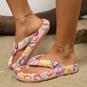 Damen Trendy Flip-Flops mit buntem Herz-Doodle | Sommer-Sandalen | Strand, Urlaub & Hausslipper