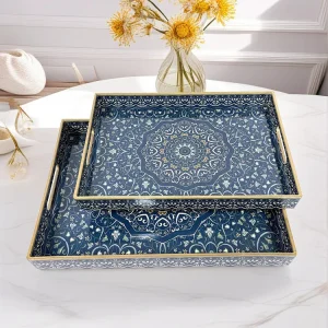 Dekoratives PP Kunststoff-Tablett mit Grünem Muster & Griffen – Rechteckiges Multifunktions-Tablett für Couchtisch & Wohnzimmer