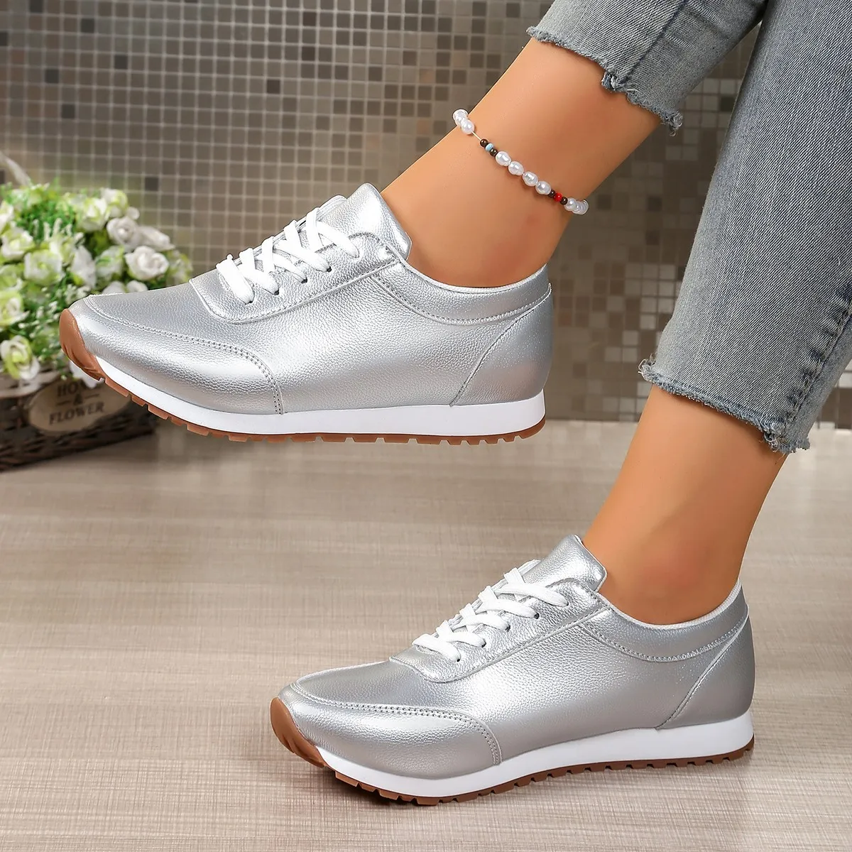 Damen Leder-Sneaker – Bequeme Schnürschuhe | Runde Zehenform, Flache Low-Top Schuhe für Frühling & Herbst – Bild 8