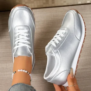 Damen Leder-Sneaker – Bequeme Schnürschuhe | Runde Zehenform, Flache Low-Top Schuhe für Frühling & Herbst