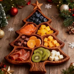 Weihnachtsbaum Servierplatte – Holz Charcuterie Board mit Fächern | Obst, Nüsse, Süßigkeiten & Käse Platte